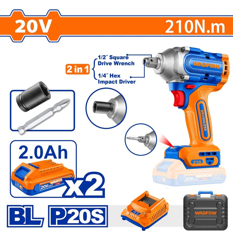 Wadfow 2in1 WCD3B21 P20S/20V Lithium-Ion Brushless Motor Cordless Impact Driver & Impact Wrench