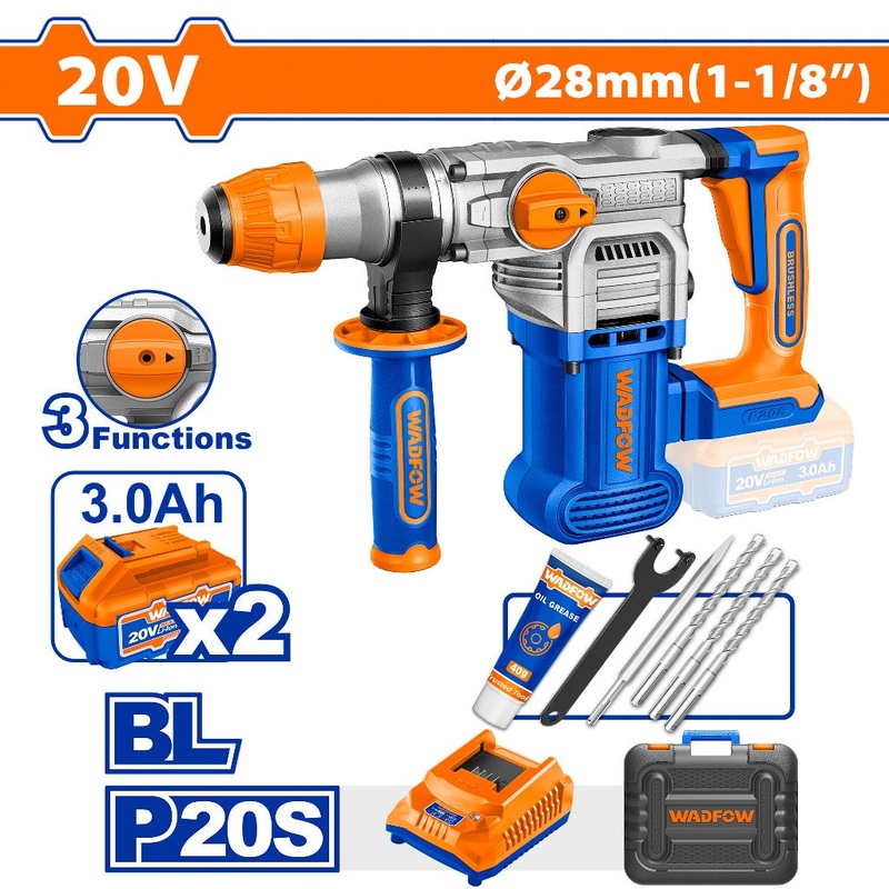 Wadfow WLM1B282 P20S/20V Brushless Motor Lithium-Ion Cordless Rotary Hammer