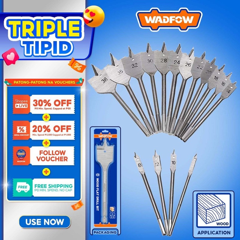 Wadfow Flat Wood Drill Bit for Cutting Materials 6/8/10/12/13/14/16/18/19/20/22/24/25/28/30/32/35mm