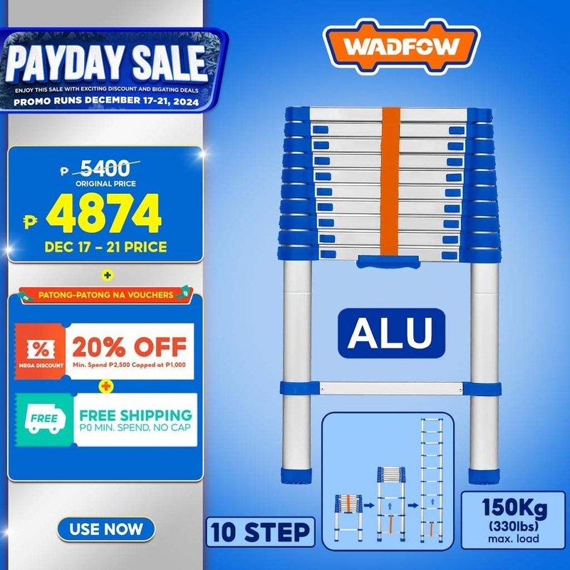 Wadfow WLD5H06 | WLD5H10 6 Steps | 8 Steps | 10 Steps (150kg/330lbs) Telescopic Aluminum Ladder