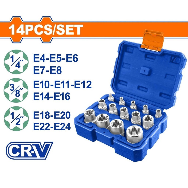 Wadfow WST3D14 Set of 14pieces Cr-V Material with Heat Treated Chrome Plated E-Type Socket