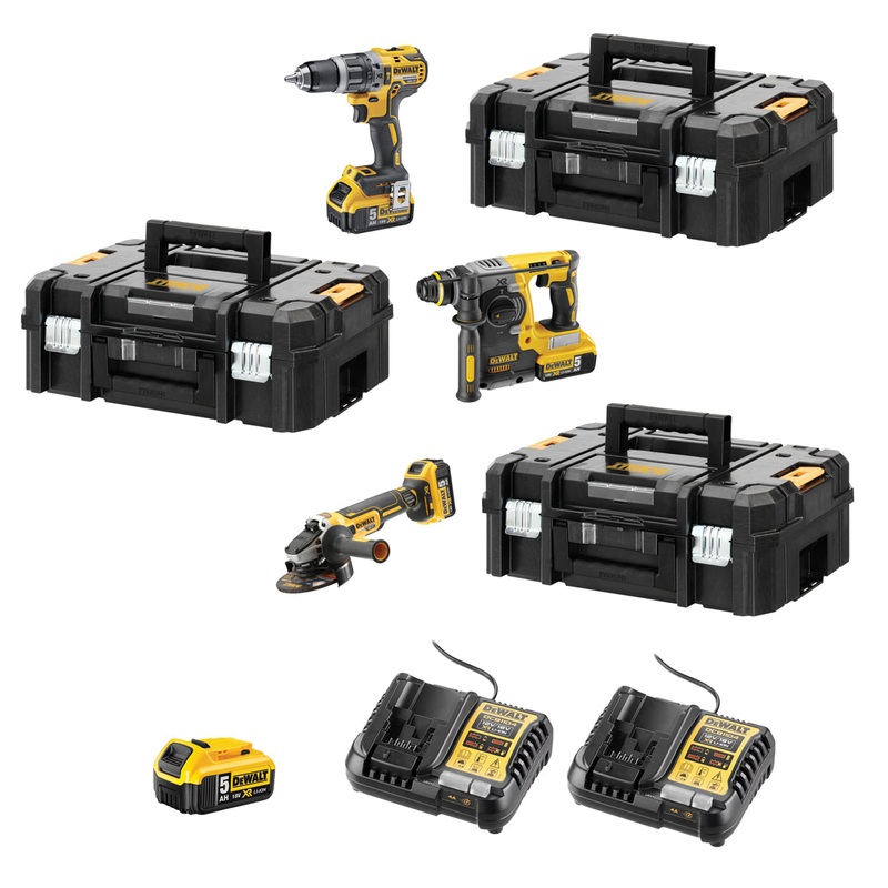 3-piece power tool kit consisting of a DRIVER + SDS PLUS HAMMER DRIVER + GRINDER in TSTACK CASES and ACCESSORIES - DeWALT - DCK353P4T-IT