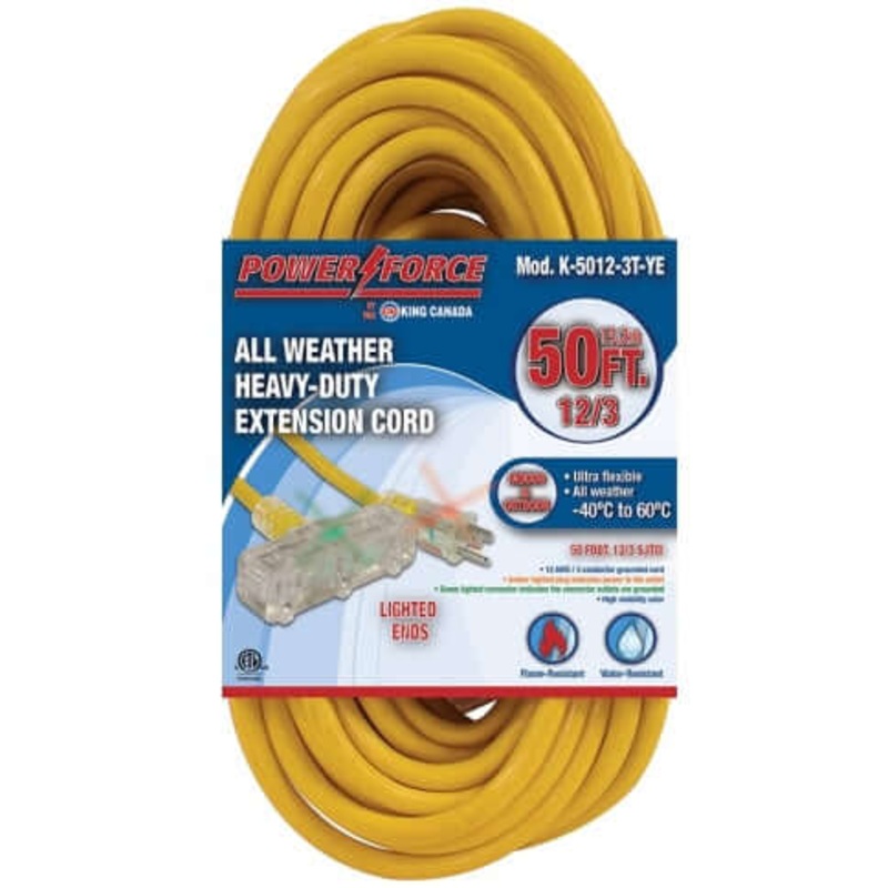King Canada 50ft Triple Tap Extension Cord - All Weather Proof - K-5012-3T-YE