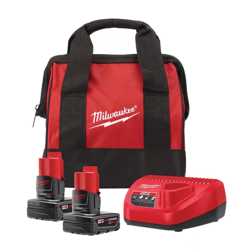 Milwaukee M12 12V Lithium-Ion Starter Kit with (2) 4.0Ah XC Battery Packs, Charger & Bag - 48-59-2442SPC