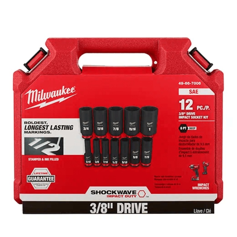 Milwaukee 12PCSHOCKWAVE Impact Duty 3/8" Drive SAE Deep 6 Point Socket Set - 49-66-7006