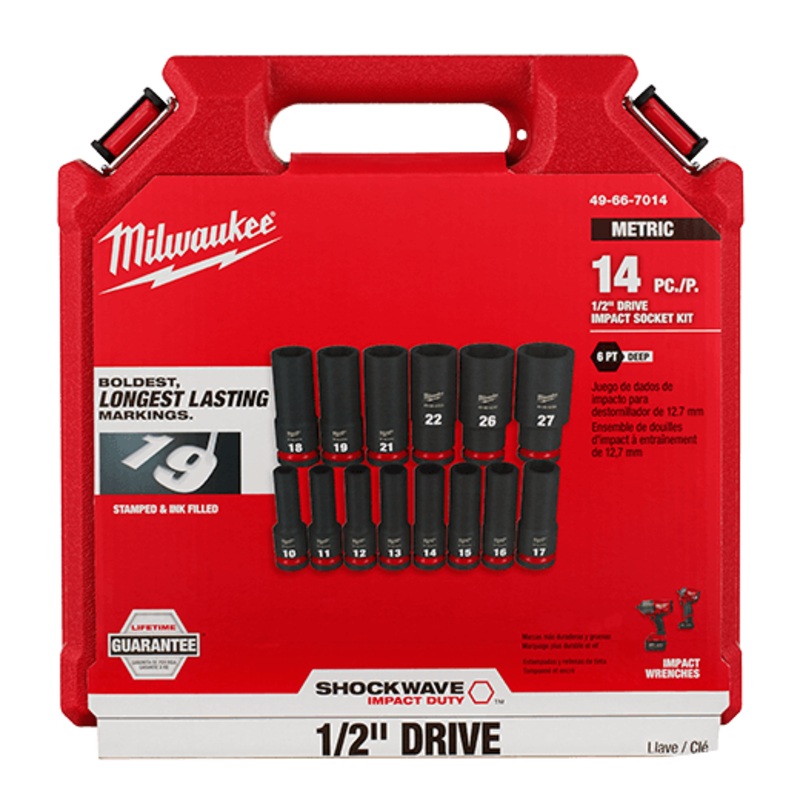 Milwaukee 14PCSHOCKWAVE Impact Duty 1/2" Drive Metric Deep 6 Point Socket Set - 49-66-7014