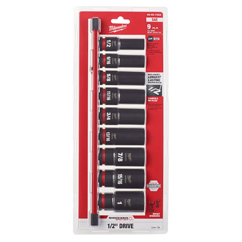 Milwaukee 9PC SHOCKWAVE Impact Duty 1/2" Drive SAE Deep 6 Point Socket Set - 49-66-7022