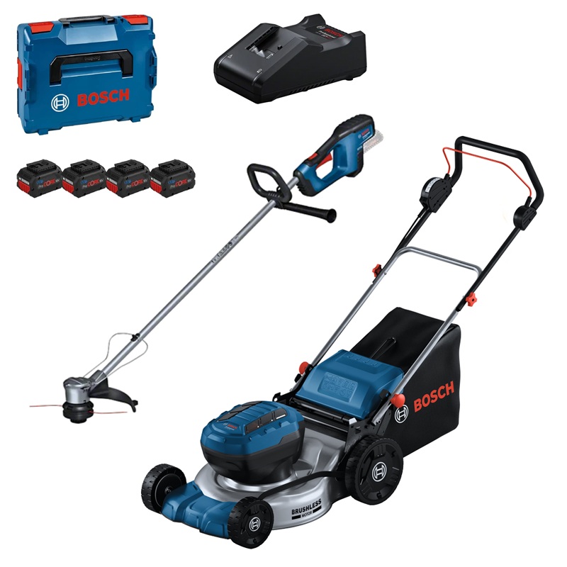 BOSCH 18V Mower and Grass Trimmer Bundle (GRT18V-33, GRA18V2-26, 4x 5.5Ah Batteries & Charger)