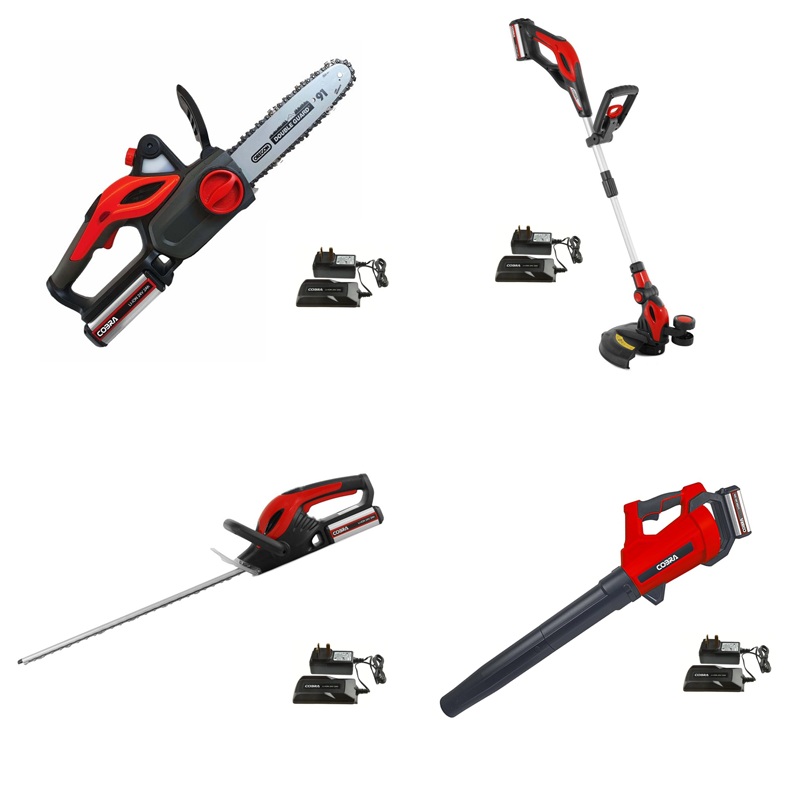 Cobra 24V 4pc Bundle (Grass Trimmer, Hedge Trimmer, Chainsaw, Leaf Blower, 4 Batteries, 4 Chargers)