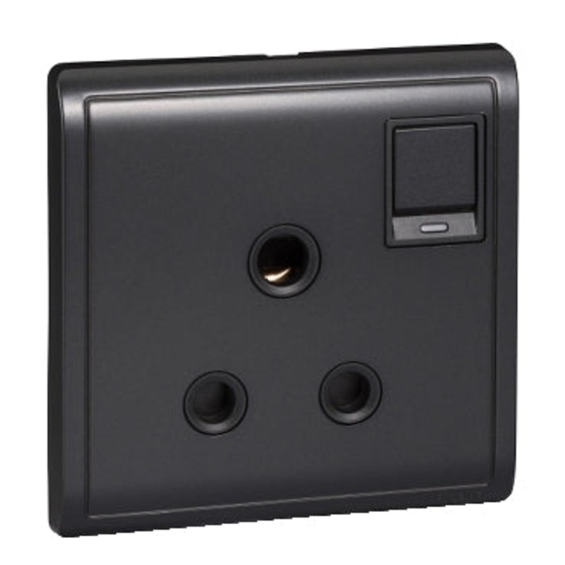 15A 250V 1 Gang 3 Round Pin Switched Socket with Neon, Matt Black