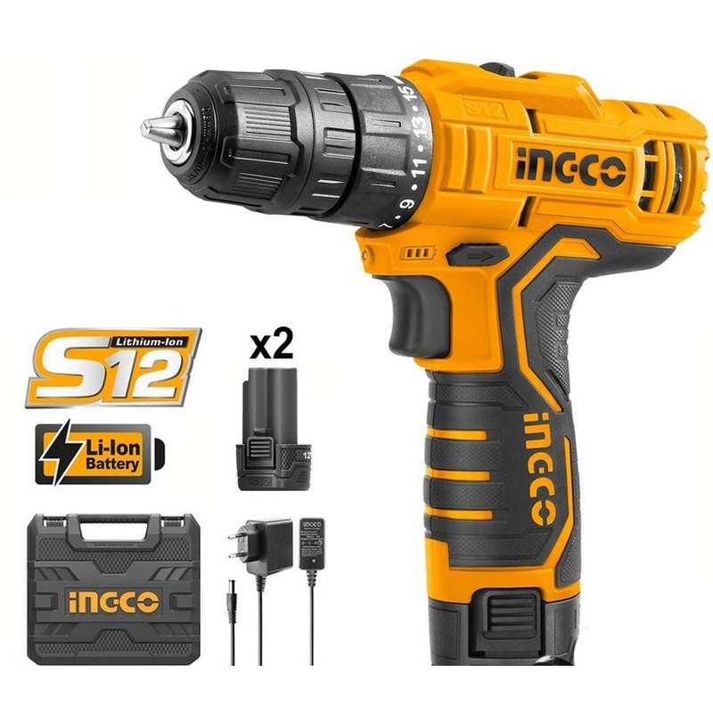 INGCO 12V Lithium-Ion Cordless Drill, Model CDLI12325, Dual Speed, LED Light