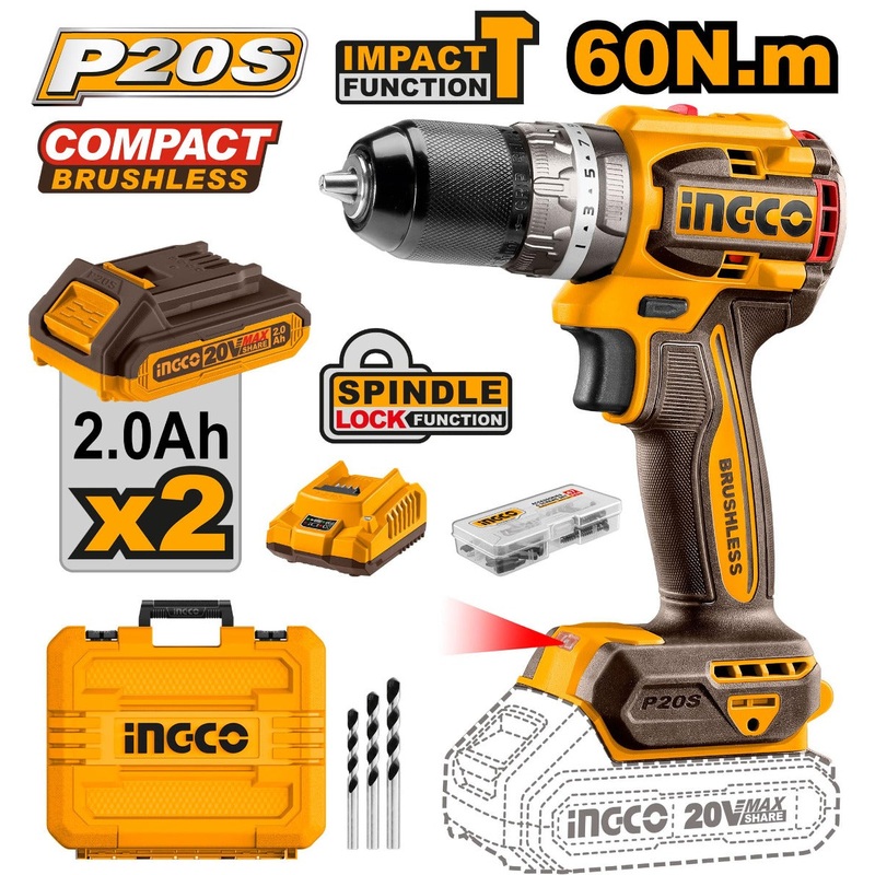 Ingco Compact Brushless Cordless Impact Drill 20V 60Nm Max Torque | CIDLI20602