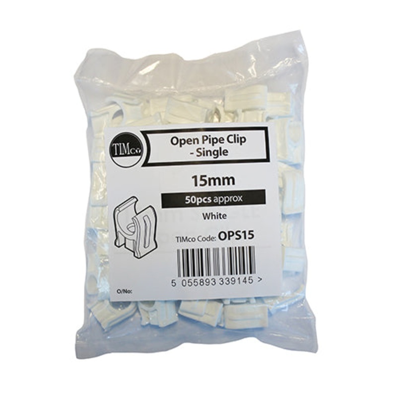 Single Snap-In Open Pipe Clips White  - 15mm