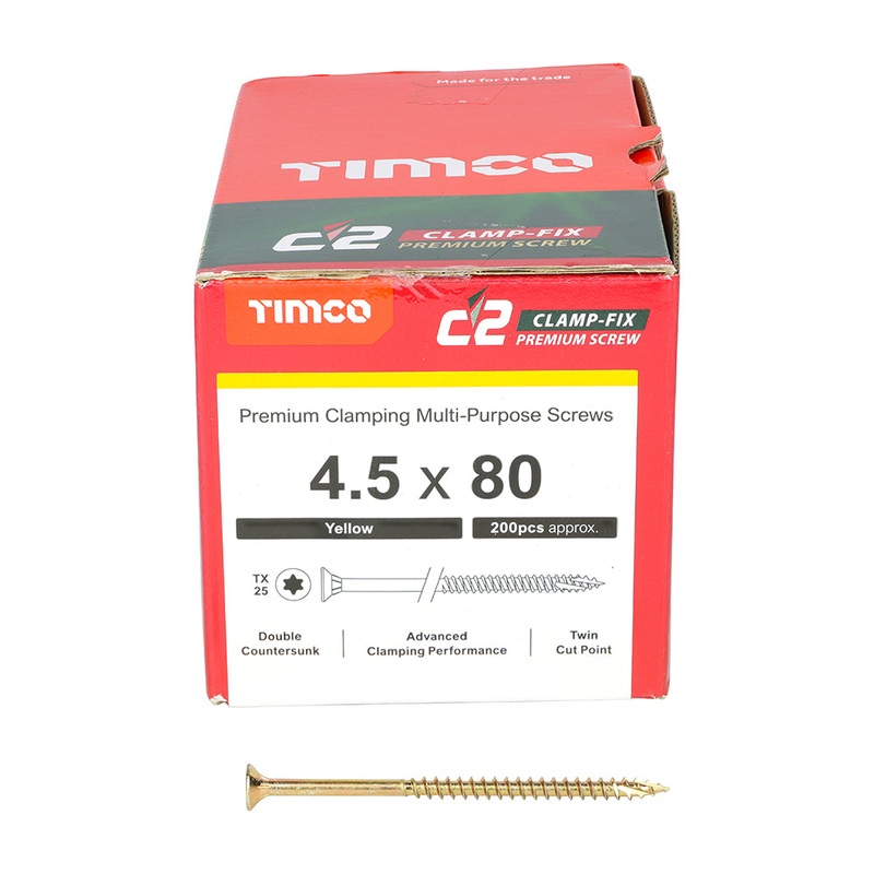 TIMCO C2 Clamp-Fix Multi-Purpose Premium Countersunk Gold Woodscrews - 4.5 x 80