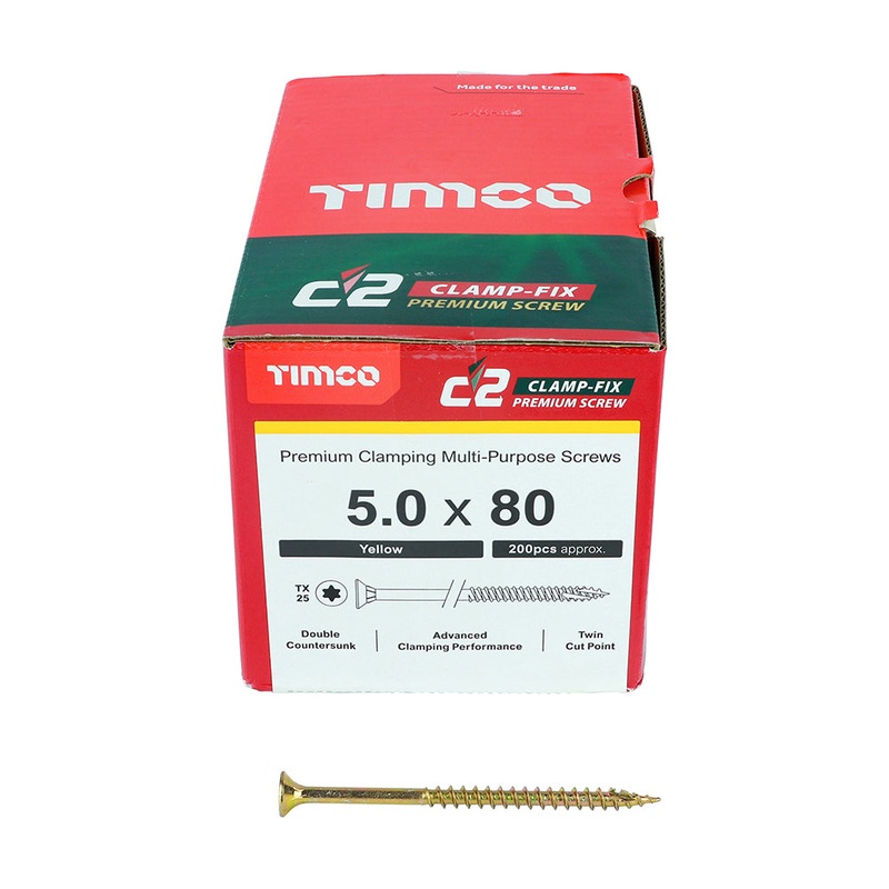 TIMCO C2 Clamp-Fix Multi-Purpose Premium Countersunk Gold Woodscrews - 5.0 x 80