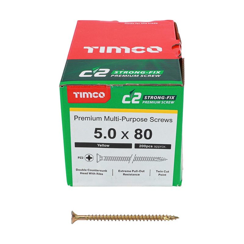 TIMCO C2 Strong-Fix Multi-Purpose Premium Countersunk Gold Woodscrews - 5.0 x 80