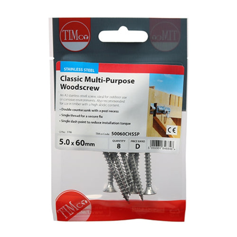 TIMCO Classic Multi-Purpose Countersunk A2 Stainless Steel Woodcrews - 5.0 x 60