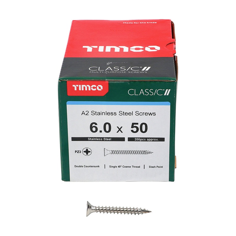 TIMCO Classic Multi-Purpose Countersunk A2 Stainless Steel Woodcrews - 6.0 x 50