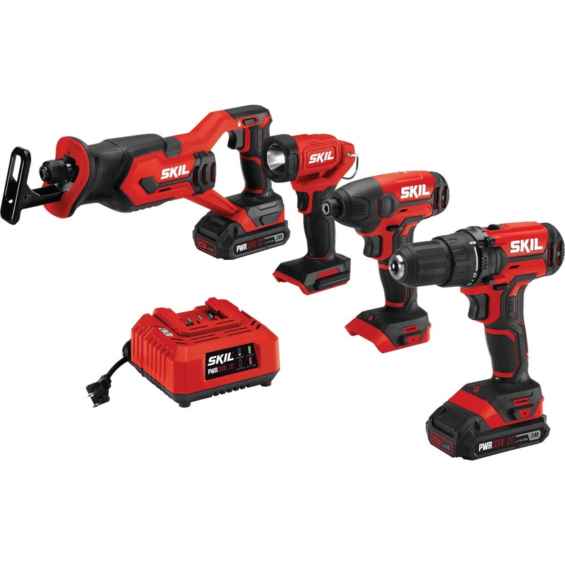 SKIL PWRCore 4-Tool 20 Volt Lithium-Ion Drill/Driver, Impact Driver, Reciprocating Saw & Area Light Cordless Tool Combo