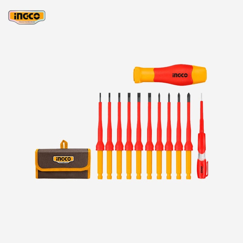 Ingco 12 Pcs Interchangeable Insulated Screwdriver with Voltage Tester Set 1000V HKISD1201